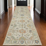 10' Beige And Green Wool Oriental Hand Knotted Runner Rug With Fringe