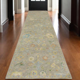 10' Gray Yellow And Green Wool Oriental Hand Knotted Runner Rug With Fringe