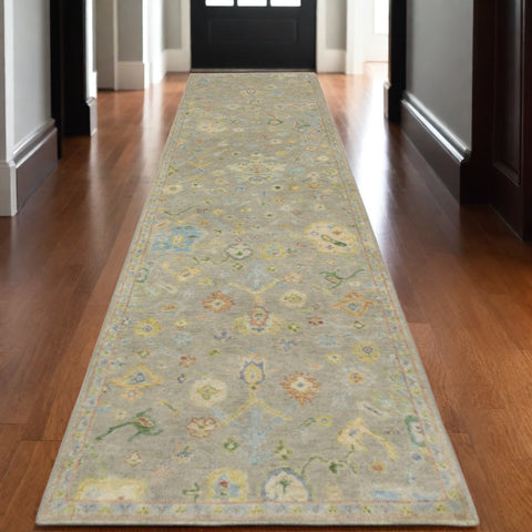 10' Gray Yellow And Green Wool Oriental Hand Knotted Runner Rug With Fringe