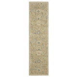 10' Beige Blue And Ivory Wool Oriental Hand Knotted Runner Rug With Fringe