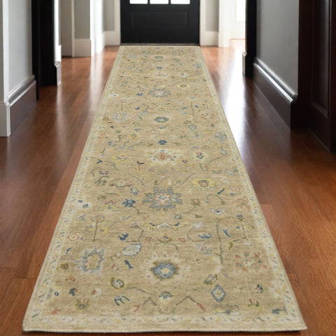 10' Beige Blue And Ivory Wool Oriental Hand Knotted Runner Rug With Fringe