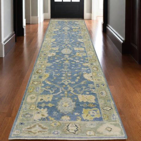 10' Blue And Green Wool Oriental Hand Knotted Runner Rug With Fringe
