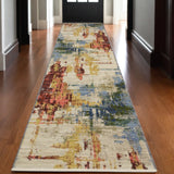 12' Beige Yellow And Salmon Abstract Runner Rug With Fringe