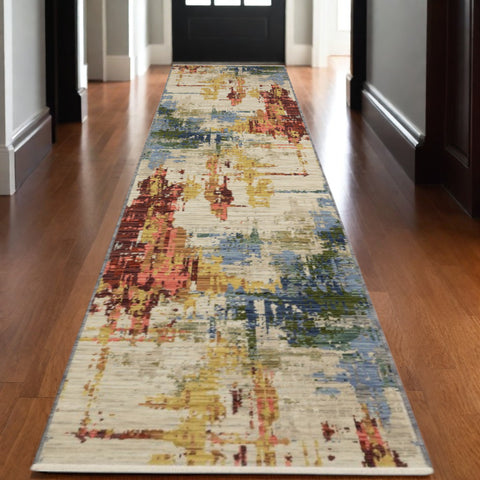 12' Beige Yellow And Salmon Abstract Runner Rug With Fringe