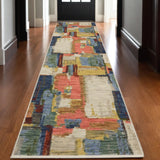 12' Pink Yellow And Dark Blue Abstract Runner Rug With Fringe