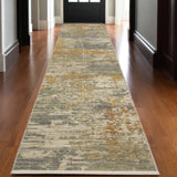 12' Beige And Gold Abstract Runner Rug With Fringe