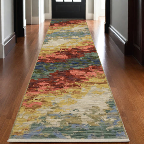 12' Beige Salmon And Yellow Abstract Runner Rug With Fringe