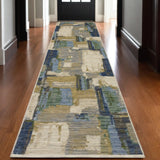 12' Blue And Green Abstract Runner Rug With Fringe