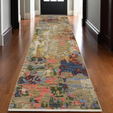 12' Beige Blue And Salmon Abstract Runner Rug With Fringe