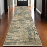 12' Beige And Blue Abstract Runner Rug With Fringe