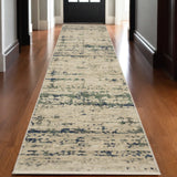 12' Beige And Green Abstract Runner Rug With Fringe