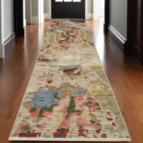 12' Beige Pink And Yellow Abstract Runner Rug With Fringe