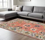 7' X 10' Salmon Blue And Yellow Oriental Area Rug With Fringe