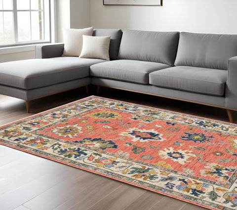 7' X 10' Salmon Blue And Yellow Oriental Area Rug With Fringe