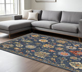 7' X 10' Blue Red And Yellow Oriental Area Rug With Fringe
