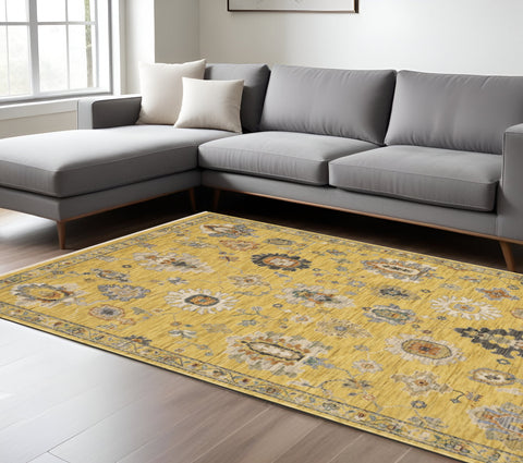 7' X 10' Yellow Ivory And Black Oriental Area Rug With Fringe