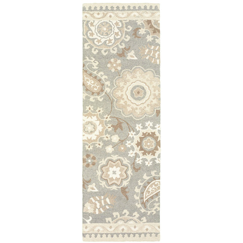 8' Gray And Sand Wool Floral Hand Tufted Runner Rug