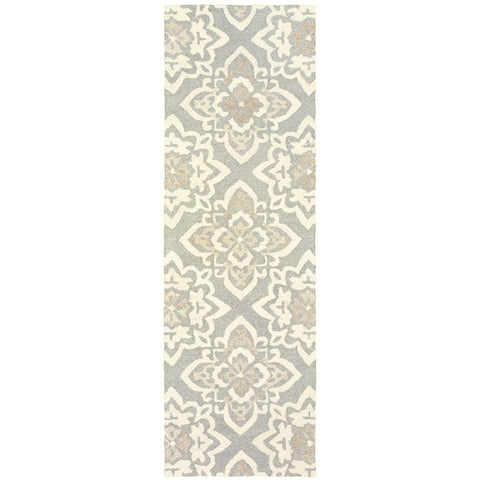 8' Gray And Sand Wool Geometric Hand Tufted Runner Rug