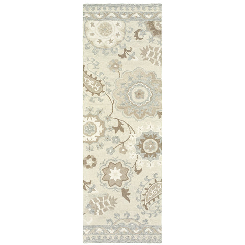 8' Ivory And Gray Wool Floral Hand Tufted Runner Rug