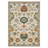 5' X 8' Ivory Blue And Yellow Oriental Area Rug With Fringe