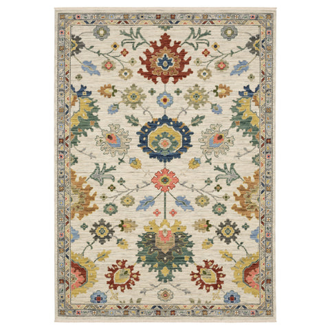 5' X 8' Ivory Blue And Yellow Oriental Area Rug With Fringe