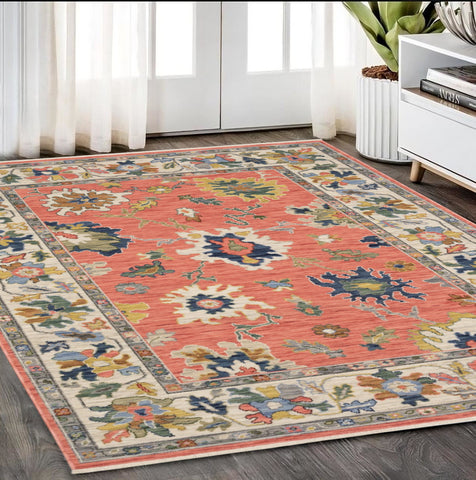 5' X 8' Salmon Blue And Yellow Oriental Area Rug With Fringe