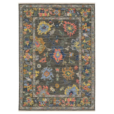 5' X 8' Gray Blue And Yellow Oriental Area Rug With Fringe