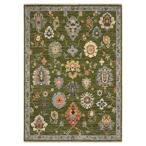 5' X 8' Green Blue And Yellow Oriental Area Rug With Fringe