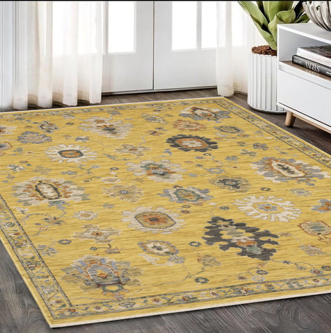 5' X 8' Yellow Gray And Black Oriental Area Rug With Fringe