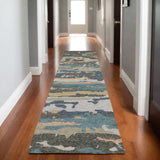 8' Gray And Blue Wool Abstract Hand Tufted Runner Rug