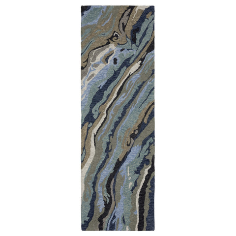 8' Blue And Teal Wool Abstract Hand Tufted Runner Rug