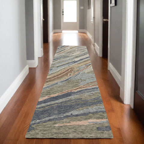 8' Gray And Blue Wool Abstract Hand Tufted Runner Rug