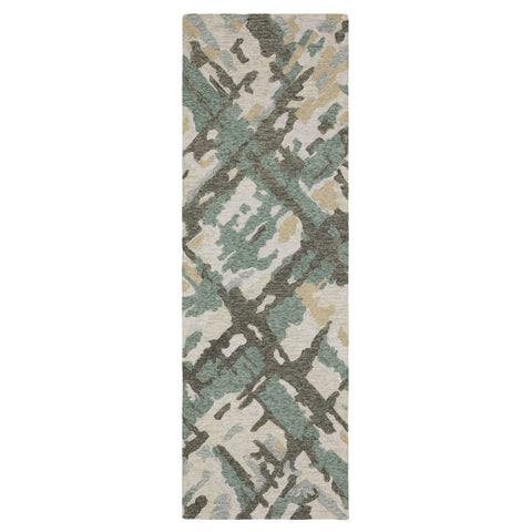 8' Gray And Teal Wool Abstract Hand Tufted Runner Rug