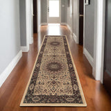 8' Ivory And Black Oriental Runner Rug