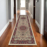 8' Ivory And Red Oriental Runner Rug