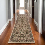 8' Ivory And Green Oriental Runner Rug