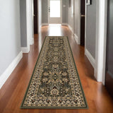 8' Green And Ivory Oriental Runner Rug