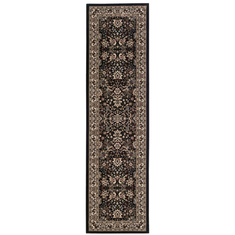 8' Black And Ivory Oriental Runner Rug