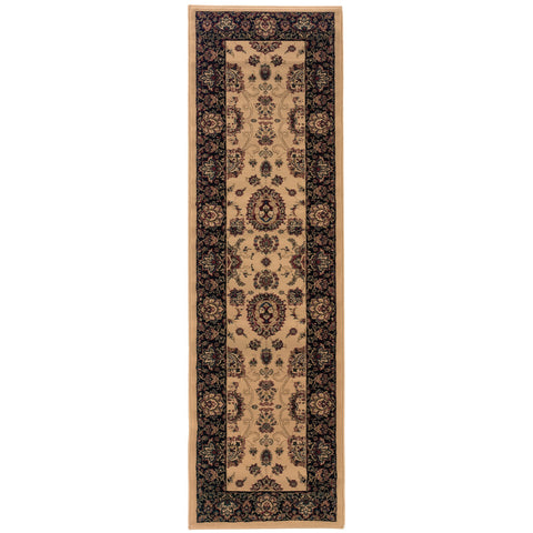 8' Ivory And Black Oriental Runner Rug