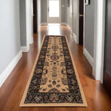 8' Ivory And Black Oriental Runner Rug