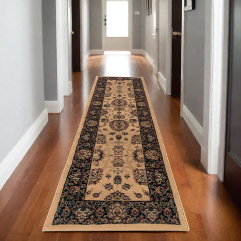 8' Ivory And Black Oriental Runner Rug