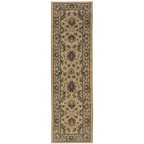 8' Ivory And Green Oriental Runner Rug