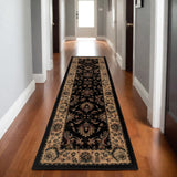 8' Black And Ivory Oriental Runner Rug
