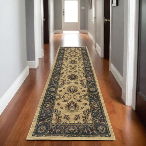8' Ivory And Blue Oriental Runner Rug