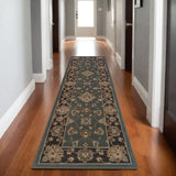 8' Blue And Black Floral Runner Rug