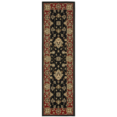 8' Black And Red Floral Runner Rug