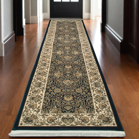 10' Navy Blue And Ivory Oriental Runner Rug With Fringe