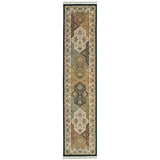 10' Navy Blue Tan And Ivory Oriental Runner Rug With Fringe