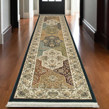 10' Navy Blue Tan And Ivory Oriental Runner Rug With Fringe