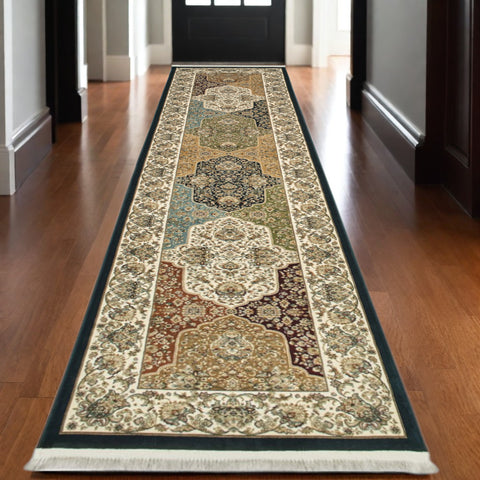 10' Navy Blue Tan And Ivory Oriental Runner Rug With Fringe